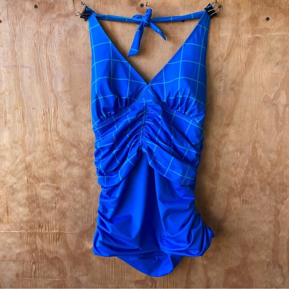 Spanx Halter Blue Plaid Ruched Tankini Swim Top 2627 Retro - Picture 2 of 10
